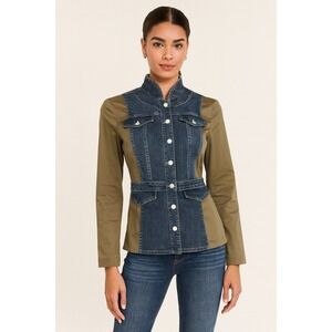 WHBM‎ Denim and Olive Green Combination Jacket Women Size 4 Military Style